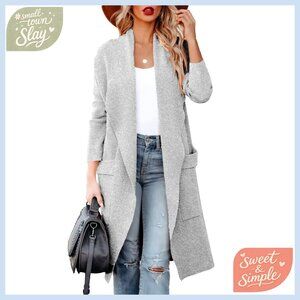 Long Sleeve Open Front Knit Cardigan with Pockets Thigh Length
